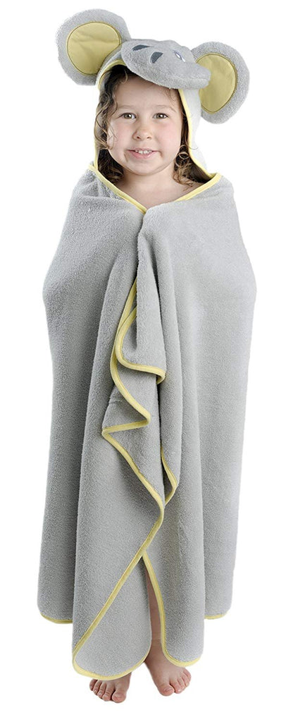 ALT = Toddler girl standing wrapped in Elephant hooded towel
