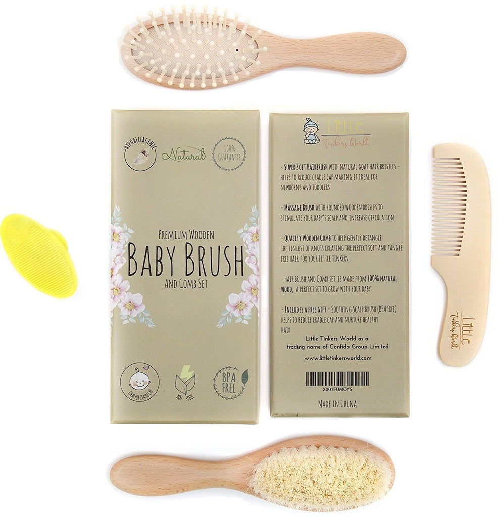 Alt = Front and back of baby brush packaging shown with 4 piece set arranged around the box