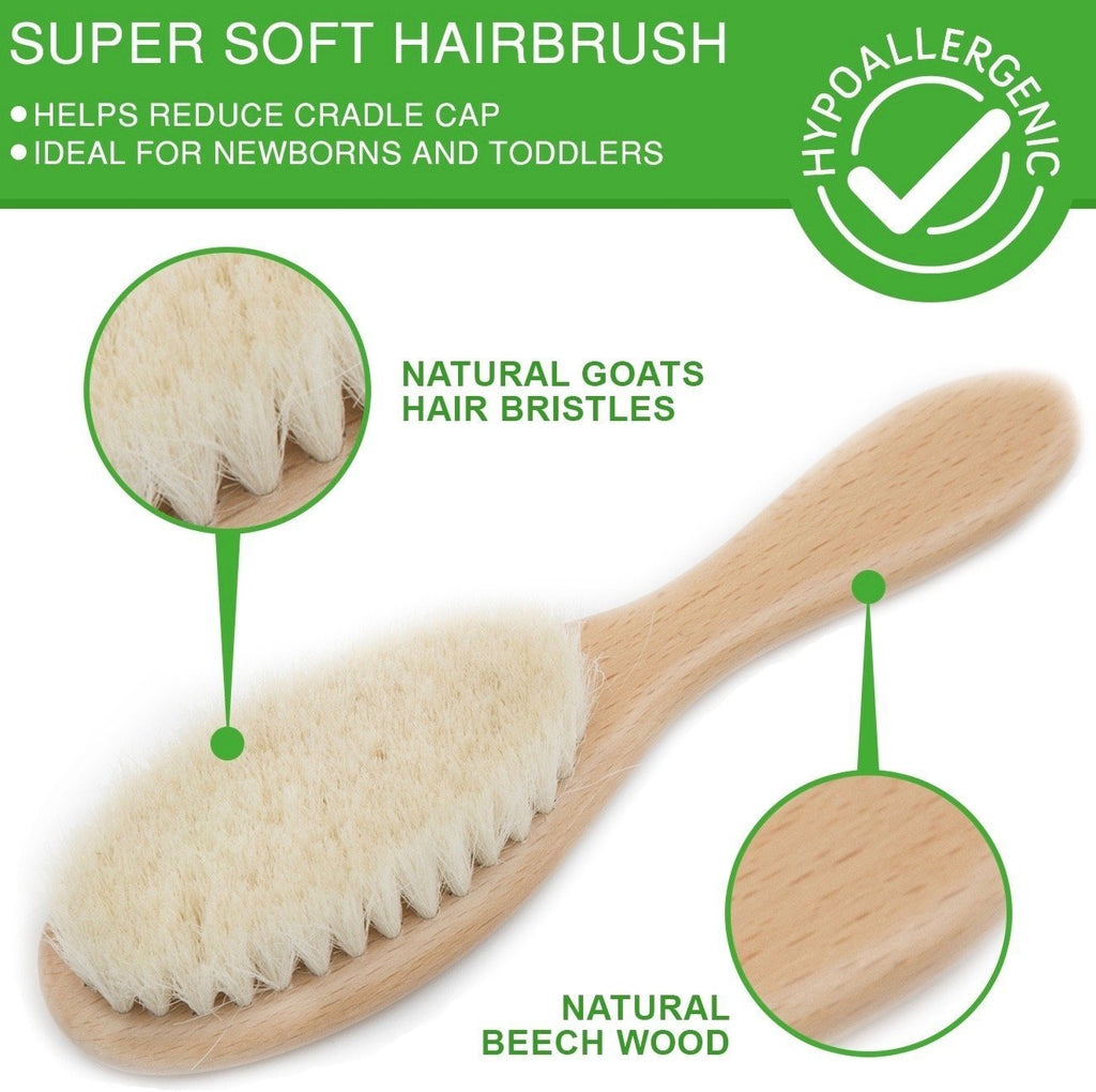 Alt= Close up of the Wooden baby hair brush and goats hair bristles