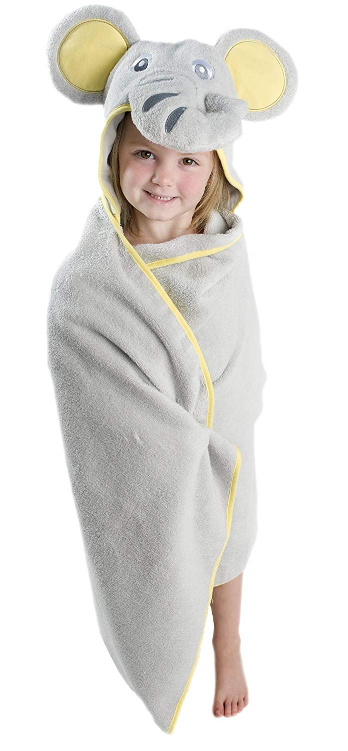 ALT = Toddler girl standing wrapped in Elephant hooded towel