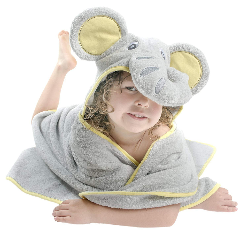 ALT = Toddler girl lying on stomach wrapped in Elephant hooded towel