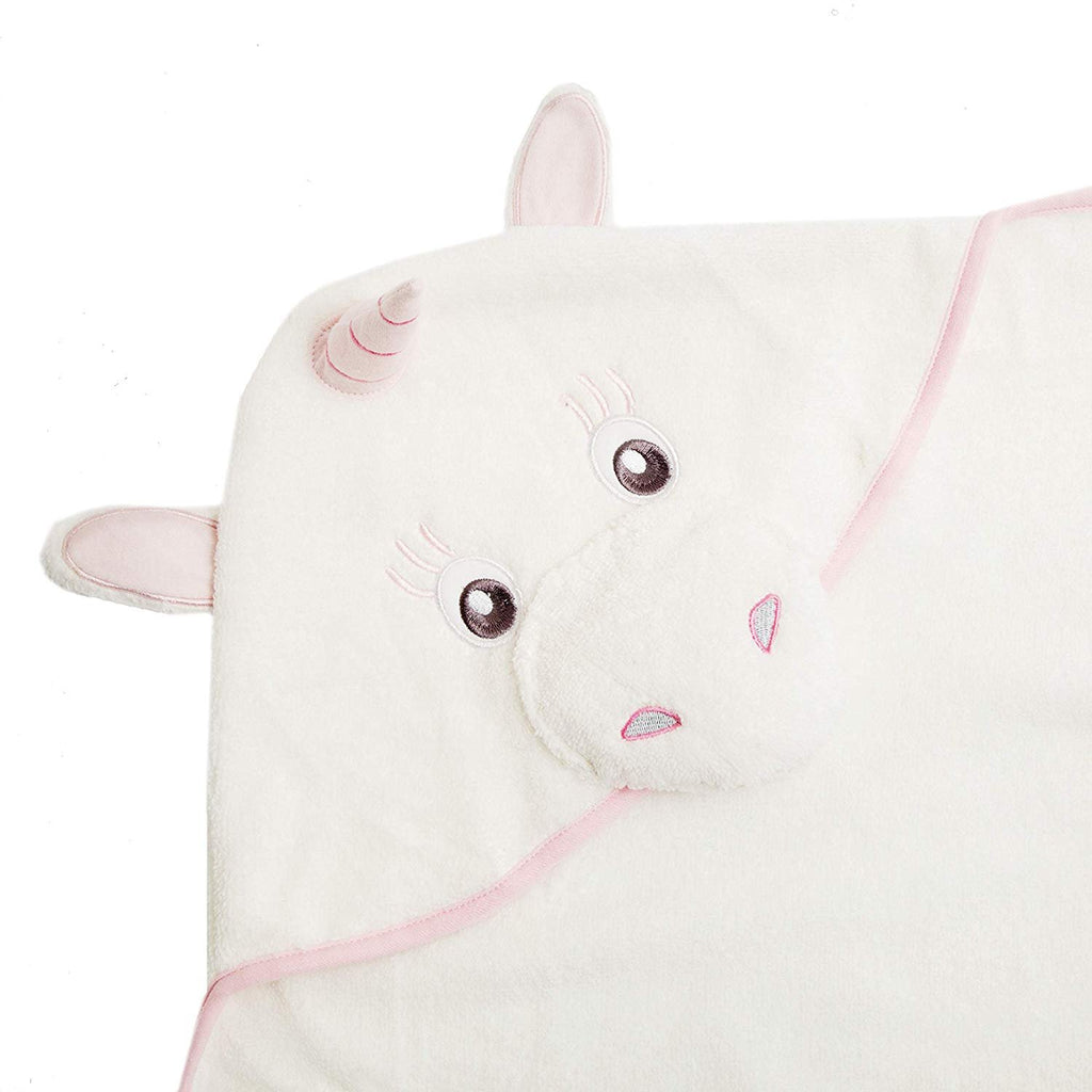 Alt = Close up of Pink unicorn hood on unicorn hooded towel