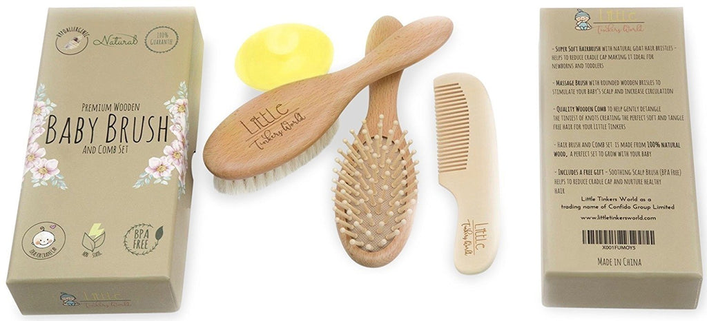 Alt = Wooden baby brush set 4 Pieces in the middle with front and back of packaging either side