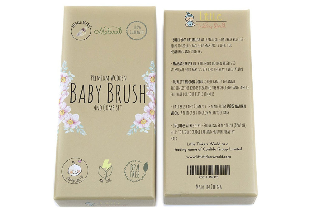 Alt = Wooden baby brush close up of packaging