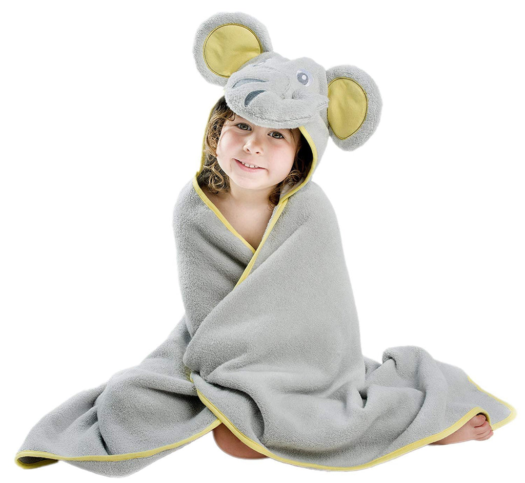 ALT = Toddler girl sitting with Elephant hooded towel wrapped around