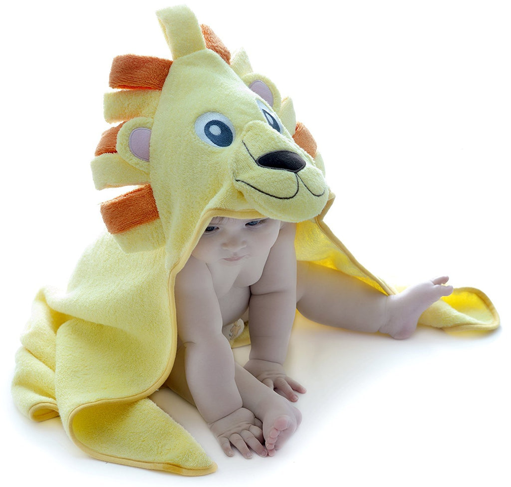 Alt = Baby leaning forward wearing Lion hooded towel