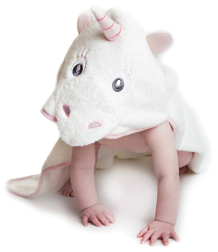 Alt = Baby leaning forward wearing Pink Unicorn hooded towel