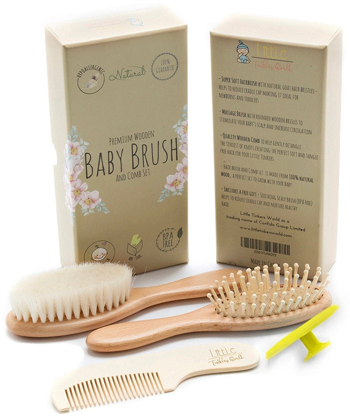Alt = Wooden baby brush set 4 Pieces shown with brown box standing up