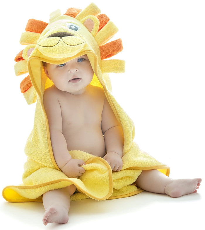 Alt = Baby sitting wearing Lion hooded towel
