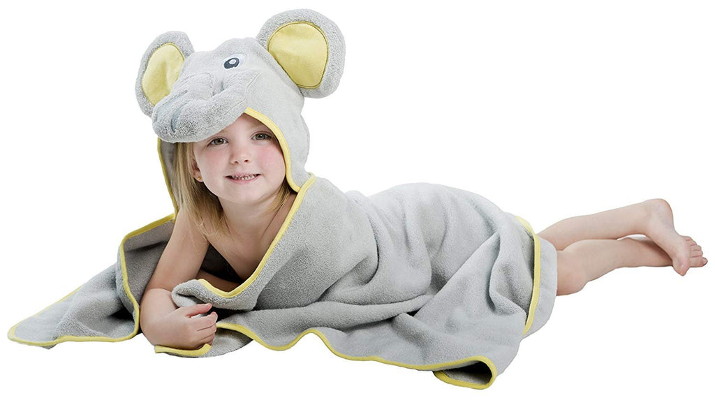ALT = Toddler girl lying on stomach wrapped in Elephant hooded towel